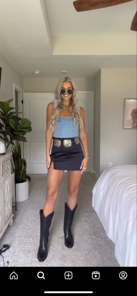 Branson Outfit Ideas, Denim Skirt Nashville Outfit, Tailgate Outfit Cowboy Boots, Concert Outfits Western, Country Concert Outfits With Black Boots, Black Boots Country Outfit, Outside Concert Outfit Spring, Bougie Country Outfit, Nashville Outfit Ideas Spring