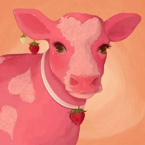 Strawberry cow 🍓🐄 By @tsundenials on Twitter Cow, Moose, Strawberries, Strawberry Cow Drawing, Cow Drawing, Strawberry Cow, Pink Cow, Moose Art, I Hope