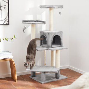 FRISCO 64-in Cat Tree with Hammock, Condo, 2 Top Perches with Bed, Dark Charcoal - Chewy.com Cozy Hammock, Mini Cat, Cat Tree Condo, Pet Steps, Cat Post, Sisal Rope, Cat Condo, Cat Scratching Post, Cat Tower