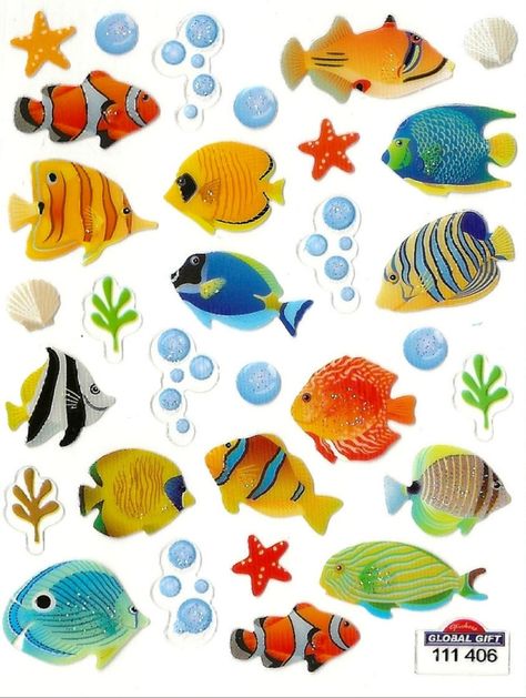 scan of a set of colorful ocean fish stickers Cute Sticker Pack Printable, Scanned Stickers, Fish Stickers Printable, Ocean Stickers Printable, Scrapbook Stickers Png, Sticker Sheets Free Printable, Shuffle Stickers, Pastel Fish, Good Stickers