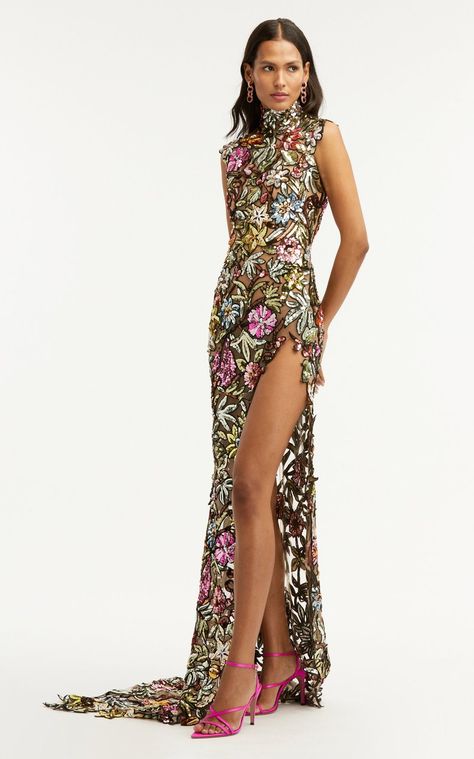 Sleeveless Multicolor Sequin Embroidered Gown By Oscar De La Renta | Moda Operandi Elaborate Dresses, Black Men Fashion Casual, Marissa Collections, Edgar Allan, Ladies Dress Design, Dress Ideas, Clothing Dresses, Formal Gowns, Designer Outfits Woman