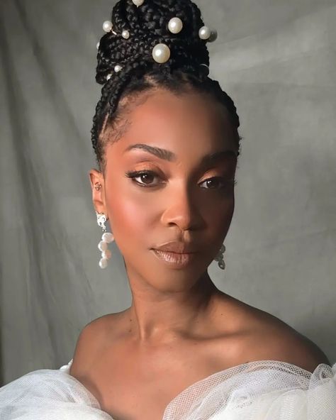 Bridal braids 🤍 I had fun creating the first image as I've always wanted to show that braids & natural hairstyles can be beautiful for all occasions, the second image created by the @bridesbyaina.m . ✨ Braids by @styledby.ellaabergel & @keziahgordonmua #braidstyles #braids #braidgang #bridalbraid #naturalhair #naturalhairstyles #protectivestyles #bridalmodel #bridalshoot #bridalphotography #bridalmakeup #pearl #pearls #melaninpoppin #blackbeauty Black Braided Wedding Hairstyles, Black Brides Hairstyles Braids, Cornrow Wedding Hairstyles, Pearl Hairstyles Black Women, Black Wedding Hairstyles Natural, Pearls In Braids, Braids Wedding Hairstyles Black Women, Braids Formal Hairstyles, Pearls In Hair Wedding