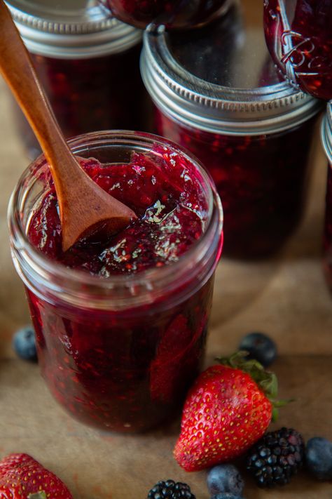 Mixed Berry Jam: Canning Recipe — Under A Tin Roof™ Mixed Berries Jam Recipe, Berry Preserves Recipes, Mixed Berry Preserves, Frozen Berry Jam Recipe, Mixed Berry Jam Canning, Mixed Berry Jelly Recipe, Mixed Berry Jam With Frozen Berries, Canning Recipes Jams & Jellies, Mixed Berry Jam Recipe With Pectin