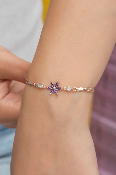 Purple Stone Lotus Flower Sterling Silver Bracelet ♥ ✔️Metal Used: 925 Sterling Silver ✔️Weight : 3,90 Gr ✔️Chain Length : 17+4 Cm ✔️Stone Type : Zircon ✔️Coating : Rose Gold Plated ⚠️Care: It does not darken as long as contact with substances such as Perfume, Water, Alcohol, Cream, Bleach is avoided. -NRZ998509 Minimalist Accessories Jewellery, Gold Bracelet Simple, Silver Bracelets For Women, Fancy Jewellery Designs, Accesories Jewelry, Prom Jewelry, Purple Bracelet, Gold Jewelry Simple, Fancy Jewellery