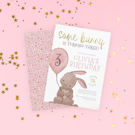 Budget Bunny Watercolor Pink & Gold Birthday Party  Zazzle Bunny Party Invitations, Illustrated Bunny, Pink Gold Birthday Party, Pink And Gold Birthday Party, Pink Gold Birthday, Spring Birthday Party, Bunny Invitations, Bunny Watercolor, Spring Birthday