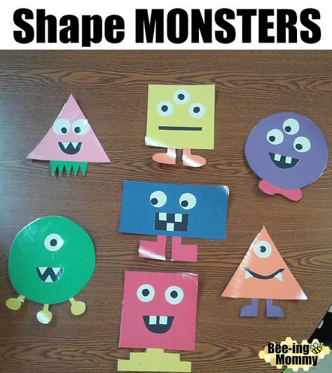 Shape monsters for a monster themed bulletin board or teaching shapes to students Shape Board Preschool, Colors And Shapes Bulletin Board Ideas, Shapes Board Ideas, Shapes Theme Board Preschool, Shapes Project For Kids, Shape Crafts Preschool, Shape Crafts For Toddlers, Shape Crafts For Preschoolers, Theme Classroom Ideas