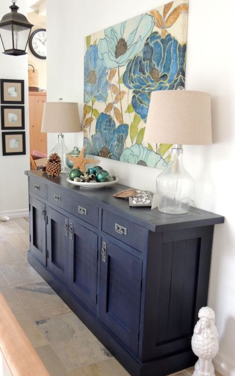 DIY Sideboards - Gigantic Planked Sideboard - Easy Furniture Ideas to Make On A Budget - DYI Side Board Tutorial for Makeover, Building Wooden Home Decor Blue Buffet Table, Painted Sideboard Ideas, Sideboard Ideas, Blue Buffet, Diy Sideboard, Black Buffet, Sideboard Decor, Painted Sideboard, China Hutch