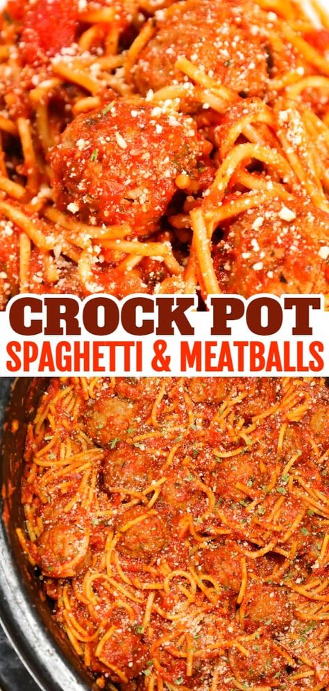 Crock Pot Spaghetti and Meatballs is an easy slow cooker dinner recipe made with frozen meatballs, marinara sauce, spaghetti and spices. Speggetti Meatballs, Crockpot Meatball Pasta Recipes, Easy Crockpot Recipes Meatballs, Crockpot Spaghetti Recipes Easy, Crockpot Recipes With Marinara Sauce, Crockpot Spaghetti With Frozen Meatballs, Crockpot Meals With Meatballs, Make Ahead Spaghetti And Meatballs, Frozen Meatballs And Spaghetti