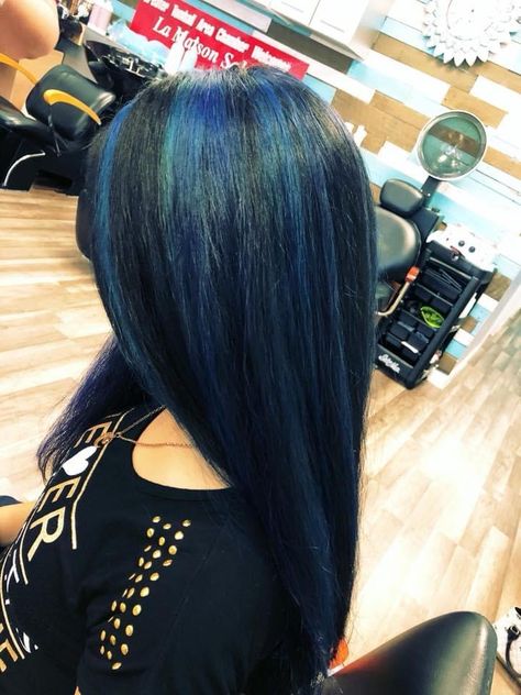 Two tones of blue highlights in black hair. Jet Black Hair With Skunk Stripe, Striped Colored Hair, Blue And Black Hair Highlights, Chunky Highlights Blue And Black, Blue Hair Ideas For Black Hair, Electric Blue Highlights In Black Hair, Black And Blue Skunk Hair, Black And Blue Striped Hair, Dark Blue With Light Blue Highlights