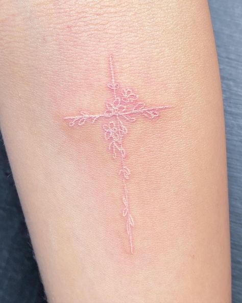 Aesthetic White Tattoo, White Ink Dainty Tattoos, White And Pink Tattoo, Tiny White Tattoos, White Ink Cross Tattoo, Light Colored Tattoos, Small White Tattoo For Women, Pink Line Tattoo, Pink And White Tattoo