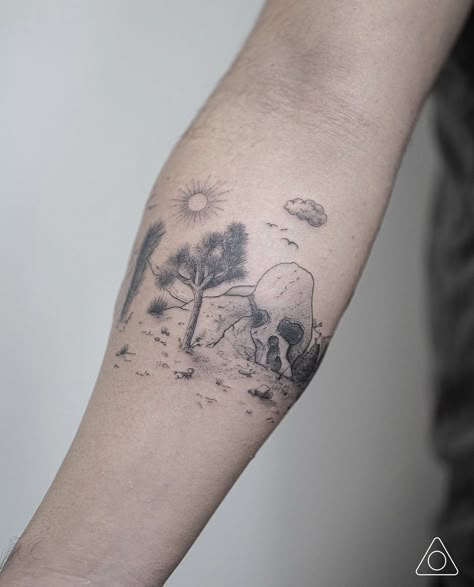 Joshua Tree Tattoo, Jordan Tattoo, Desert Tattoo, Small Words Tattoo, Earthy Tattoos, Skull Rock, Tattoo Background, Landscape Tattoo, Fine Line Tattoo