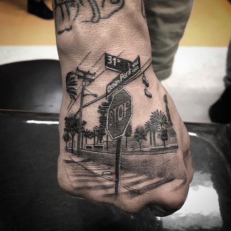 7,789 Me gusta, 111 comentarios - Isaiah Negrete (@booboonegrete) en Instagram: "The #Block ! #Streets #Corner #Signs #SantaMonica On @ajgordinier #HandTattoo" Tattoo 101, Urban Tattoos, Chicanas Tattoo, Couples Tattoos, Chicano Style, Gangsta Tattoos, Street Tattoo, Forarm Tattoos, Tattoo Inspiration Men