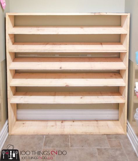 Large shoe rack, super-sized shoe rack, oversized shoe rack, DIY shoe rack, building plans for shoe rack Diy Shoe Rack Ideas, Shoes Organization, Space Shoes, Large Shoe Rack, Diy Wood Pallet, Shoe Organization, Shoes Organizer, Diy Shoe Storage, Closet Shoe