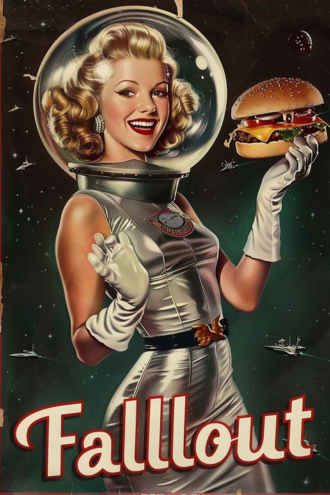 Fallout Pin Up Art, Sci Fi Pinup, 50s Art Vintage Posters, Atompunk Aesthetic, Fallout Posters, Retro Scifi, Fallout Fan Art, Science Fiction Artwork, Scifi Fantasy Art