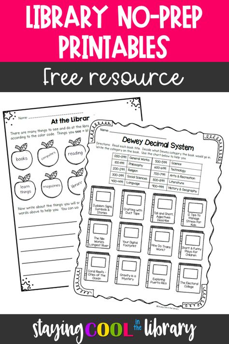 2nd Grade Library Lessons, Library Activities For Kindergarten, Library Media Specialist Elementary, Library Skills Worksheets Free Printable, Fall Library Lessons, Library Coloring Pages For Kids, Free Library Printables, Library Lessons Elementary Free, Library Activities For Middle School