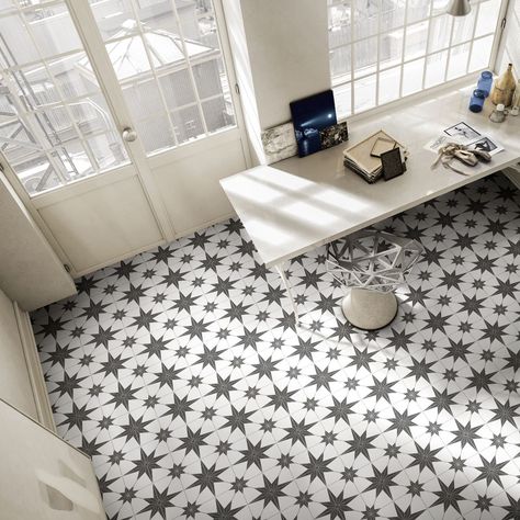 Up to 60% off selected tile ranges during January!!! Hurry while stocks last ⏳ Pictured here are the Stella Nero and Stella Day - Visit our Liverpool stores or TAP HERE TO SHOP! Vintage Tegel, Star Tile, Artistic Tile, Merola Tile, Porcelain Floor, Bathroom Floor Tiles, Natural Stone Tile, Porcelain Flooring, Floor Patterns