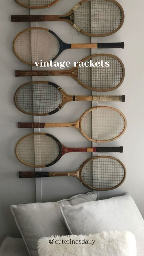 SHOP HERE: https://ltk.app.link/CxYQrJ0WTNb Tennis Racket Art Wall Decor, Tennis Racket Storage Ideas, Vintage Rackets Decor, Vintage Tennis Racket Decor Wall Art, Sporty Room Aesthetic, Vintage Tennis Racket Decor, Tennis Racket Decor, Vintage Sports Bedroom, Tennis Racket Art