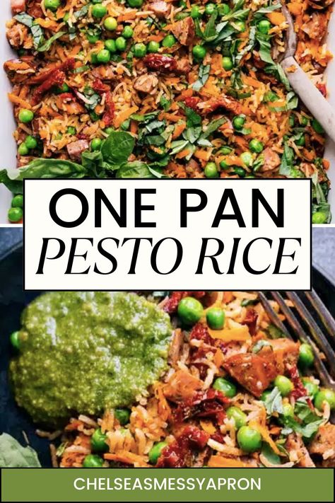 This ONE-PAN Pesto Rice is a whole meal in one! We combine smoked chicken sausage with perfectly tender rice, loads of veggies, and finish it off with a basil-pesto sauce. Everything bakes together in one pan (Yes, even uncooked rice!) and requires very little hands-on work. #dinner #best #quick #easy #sausage #onepan #pesto #rice Pesto Chicken Rice, Pesto Rice Salad, One Pan Pesto Chicken And Veggies, Pesto Rice Recipes, Pesto Chicken Rice Bake, Pesto Rice, Zucchini Rice, Sausage Rice, Basil Pesto Sauce