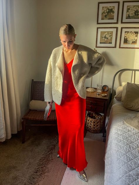 Slip Dress Holiday Outfit, Red Midi Slip Dress Outfit, Red Slip Dress Outfits Winter, Red Dress Winter Outfit, Red Slip Dress Outfits, Satin Slip Dress With Fur Coat, Satin Dress With Sweater, Red Dress Christmas Outfit, Slip Dress Winter