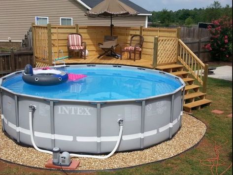 Pin by Shelby on pools | Backyard pool landscaping, Above ground pool landscaping, Swimming pool decks Piscina Pallet, Stairs Outdoor, Deck Piscina, Piscina Intex, Pool Deck Plans, Cheap Pool, Deck And Patio, Swimming Pool Decks, Intex Pool