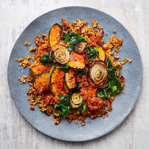 Yotam Ottolenghi’s crispy couscous with pumpkin and tomatoes. Crispy Couscous, Pumpkin Couscous, Ottolenghi Recipe, Plated Meals, Otto Lenghi, Vegan Vegetable Recipes, Yotam Ottolenghi Recipes, Vegetable Couscous, Ottolenghi Recipes