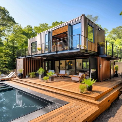 2x20’ HC Containers with deck space in the middle. What do you guys think?✨🌿 ➡️ Message Us for Custom Designs and Plans [Copyrights ©… | Instagram Container Home On Stilts, Container Home Courtyard, Floor Plans For Container Homes, Shipping Container Home With Garage, Container Modern House, Container Home With Pool, Container House With Courtyard, Shipping Container Village, Shipping Container Spa