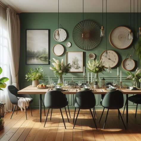 Green Decor Dining Room, Dining Room Dark Green Walls, Green And Wood Dining Room, Green White Dining Room, Green And Brown Dining Room, Moss Green Dining Room, Black And Green Dining Room, Green Wall Dining Room, Green Accent Wall Dining Room