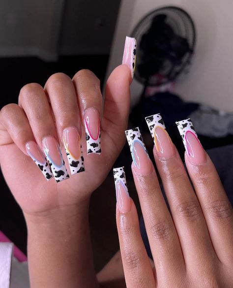 Rodeo Nails, Cow Nails, Long Acrylic Nail Designs, Colored Acrylic Nails, French Tip Acrylic Nails, French Acrylic Nails, Acrylic Nails Coffin Pink, Unique Acrylic Nails, Nails Only