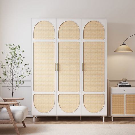 Rattan White 3 Door Bedroom Clothing Armoire Wardrobe with Shelves | Homary Rooms With Clothing Racks, Nursery With Wardrobe, Boho Storage Cabinet, Mid Century Armoire, Sliding Wardrobes For Bedrooms, Rattan Wardrobe Doors, Arch Wardrobe, Cane Closet Doors, Wardrobe Cabinet Design