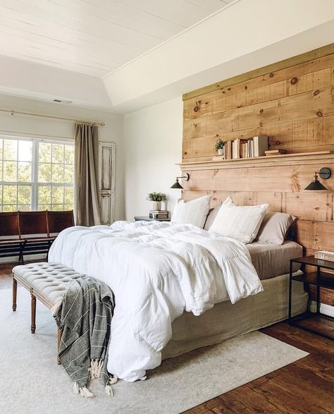 Adding wall sconces directly to a headboard made of salvaged wood elevates the entire look while maintaining a down-to-earth, rustic vibe at the same time. #hunkerhome #lighting #bedroomlighting #wallsconce #sconces Accent Walls Behind Beds, Accent Wall Headboard Diy, Wall Headboard Ideas Diy Master Bedrooms, Bedroom Inspirations Diy, No Headboard Ideas Bedroom, Bedroom Wall Sconces, Wall Headboard, Diy Wood Headboard, Simple Headboard