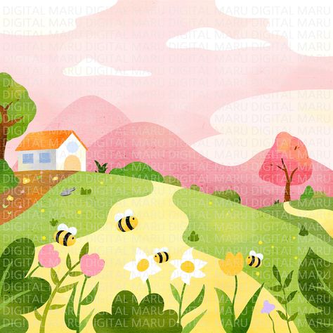 Spring Themed Drawings, Spring Garden Drawing, Garden Flower Illustration, Spring Landscape Illustration, Spring Garden Illustration, Cute Spring Illustration, Spring Pallete Color, Cute Spring Art, Spring Design Graphic