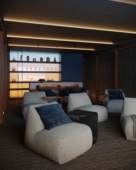 Contemporary house| Home cinema theatre :: Behance Movie Room Lounge Chair, Cinema Side Table, Theater Ceiling Design, Theatre Room Design, Modern Home Cinema, Movie Room Design, Small Cinema Room Ideas, Cinema Interior Design, Cinema Room Ideas