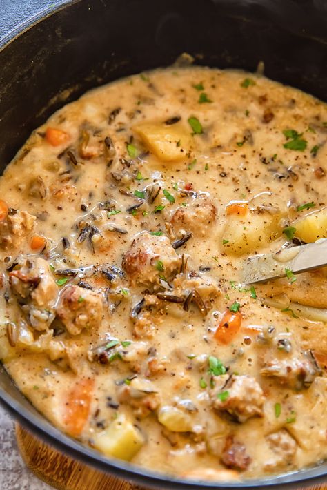 A typically chunky chowder conjures images of wind and rain-battered fishing boats. But there's not a clam in sight for this one! Swap out the traditional seafood for sausage and sink into a steaming bowl of hot creamy potato soup. Creamy Potato Soup, Sausage Soup, Soup For The Soul, Delicious Soup Recipes, Savory Soups, Soups Stews Chilis, Food Soup, Creamy Potato, Chowder Recipes