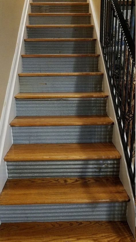 #makeover #stairs #diy Upcycling, Stairs Remodeling, Tin Roofing, Remodeling Hacks, Farmhouse Stairs, Rustic Staircase, Stairs Decor, Rustic Stairs, Stairs Makeover