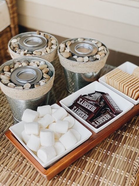 Tabletop S'mores With DIY Fire Bowls | She Gave It A Go Diy Smores Bar, Smores Bar Party, S'mores Tray, Indoor Smores, Mini Fire Pit, Smores Station, Smores Party, Tabletop Fire Bowl, High School Graduation Party