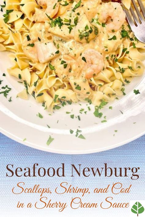 Seafood Newburg with Scallops, Shrimp, and Cod Seafood Newburg Recipe, Shrimp Newburg, Seafood Newburg, Creamy Seafood, Seafood Dish Recipes, Baked Garlic, Work Meals, Favorite Side Dish, How To Cook Shrimp