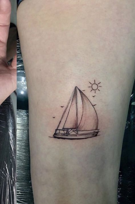 Fishing Boat Tattoo For Women, Cute Boat Tattoo, Minimalist Ship Tattoo, Fine Line Sailboat Tattoo, Sailing Tattoos For Women, Boat Tattoo For Women, Sailboat Tattoo Simple, Yacht Tattoo, Hometown Tattoo