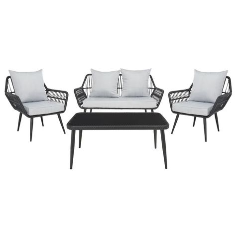 Modern Outdoor Living Space, Coffee Table With Chairs, Modern Outdoor Living, Patio Loveseat, Outdoor Lounge Set, Black Rope, Woven Rattan, Patio Spaces, Grey Cushions