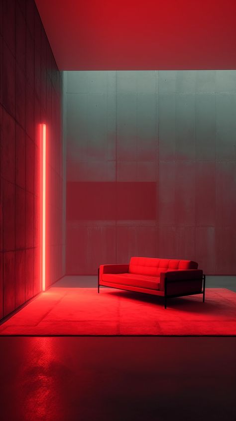 A brutalist-style room has only one red neon light. This is an architectural AI artwork made with Midjourney. Neon Brutalism, Red Room Background, Club Lights Aesthetic, Neon Lights Living Room, Neon Architecture, Cyberpunk Interior Design, Cyberpunk Interior, Minimalistic Room, Brutalist Interior