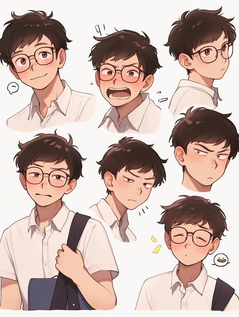 Face To Face Reference, How To Draw Someone With Glasses, Nerdy Guy Character Design, Cheerful Character Design, Art Face Expressions, Background Character Design, Graphic Novel Character Design, Flat Art Style, Male Expressions Drawing Reference