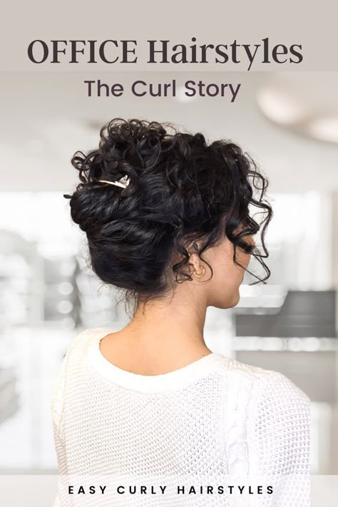 Curly Updo for the Office or Workplace - Elegant Hairstyles for the Office Job Hairstyles, Hairstyles For The Office, Short Curly Hair Updo, Curly Hair Updos, Easy Curly Hairstyles, Office Hair, Curly Hair Dos, Curly Hair Up, Quick Curly Hairstyles