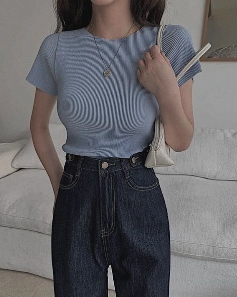 Pastel Blue Top Outfit, Dark Pastel Outfit, Blue Outfit Aesthetic Casual, Pastel Blue Shirt Outfit, Dark Blue Jeans Outfit Spring, Pastel Blue Outfit Korean, Pastel Shirt Outfit, Blue Outfit Inspo Aesthetic, White And Blue Aesthetic Outfit