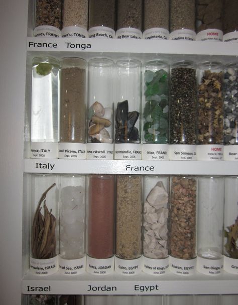 ways to display sand collection | In short, this collection has done what we hoped it would. It stands ... Sand Collection Display, Souvenir Display, Collection Displays, Sand Collection, Travel Keepsakes, Vacation Memories, Jewelry Safe, Rock Collection, Travel Souvenirs