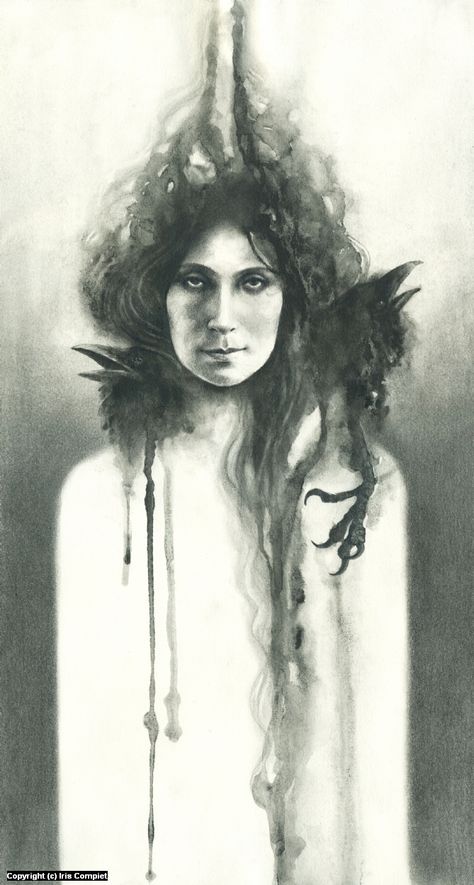 Morrigan by iris compiet Iris Compiet, The Morrigan, Celtic Druids, Illustrator Inspiration, Inspirational Illustration, Book Of Shadow, Arches Paper, Celtic Art, Pencil Art Drawings