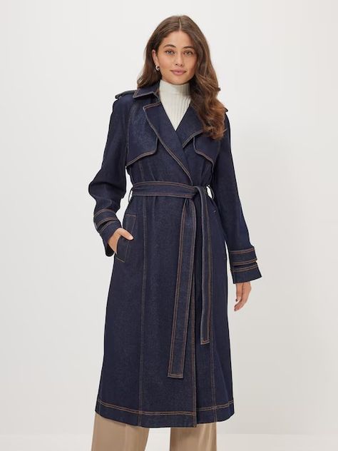 Manhattan Denim Trench Indigo - Portmans Online Font Types, Cargo Pant, Staple Pieces, Long A Line, Belts For Women, Jean Jacket, Manhattan, Stitching, Desk