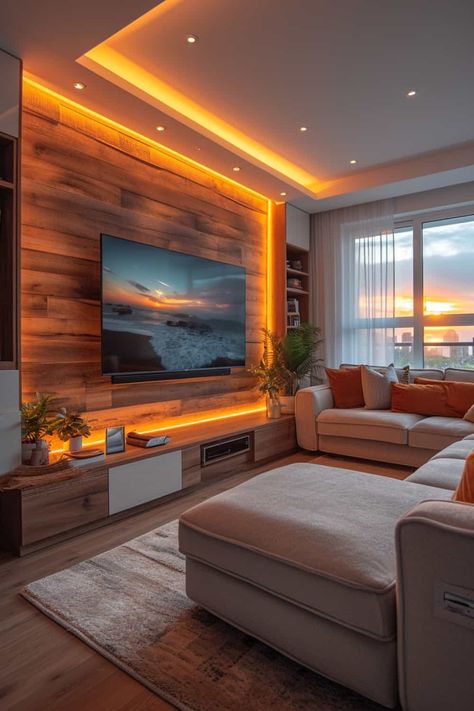 13 Modern Living Room Ideas That Will Leave Your Guests Speechless | DIY Vibes Tv Wall Wood Panel, Tv Wall Wood, Living Room Colour Design, Living Room Tv Wall Ideas, Living Room Tv Stands, Wall Wood Panel, Living Room Tv Wall Decor, Mounted Tv Ideas Living Rooms, Tv Wall Design Luxury