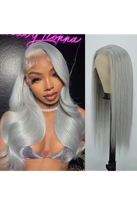 AISI QUEENS Grey Lace Front Wigs Human Hair For Women Long Straight Silver Grey Color Human Hair 13x4 Lace Front Wig (13x4 Lace Front Wigs, Silver Grey) Wigs Silver, Human Hair Wigs Blonde, Brazilian Straight Hair, Silver Blonde, Lace Front Wigs Human Hair, Grey Lace, Queen Hair, Straight Lace Front Wigs, Body Wave Hair