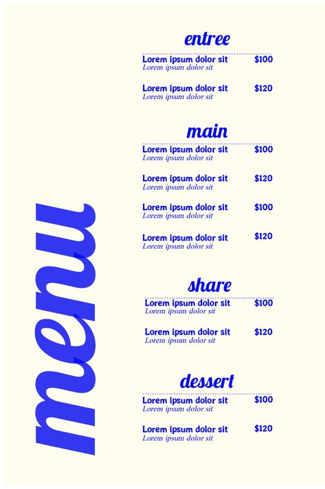 This menu template is a great starting point for your next design project. It is professionally designed and will help you deliver your message more effectively. Cool Menus Design, Price Board Design, Menu Layout Templates, Menu Ideas Design Restaurants, Clean Menu Design, Online Menu Design, Small Menu Design, Blue Menu Design, Simple Menu Design Layout