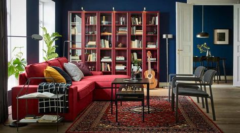 “IKEA Contemporary Library, Living Room Furniture Inspiration, Mom Cave, Ikea Inspiration, Bookcase With Glass Doors, Billy Bookcase, Glass Cabinet Doors, Blue Living Room, Blue Rooms