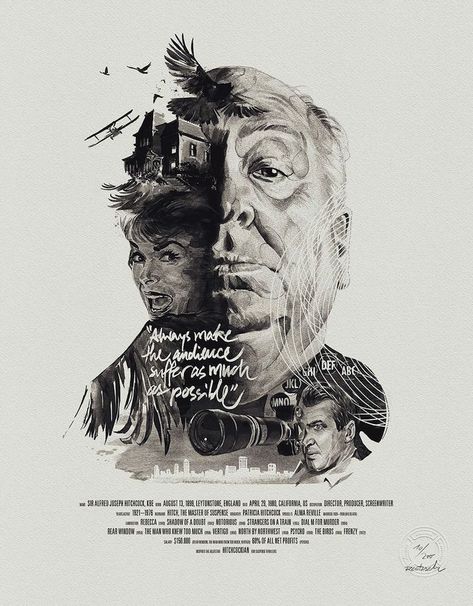 Stunning posters merge famous movie directors with their iconic films. Poster Grafico, Heavenly Creatures, Alfred Hitchcock Movies, Movie Directors, Movie Director, Fine Art Portraits, Movie Poster Art, Art Et Illustration, Stanley Kubrick